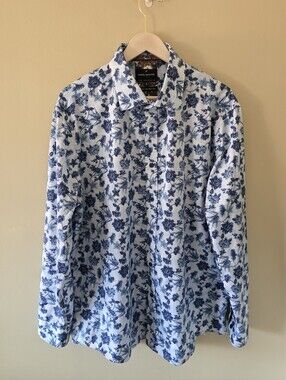 NWOT Daniel Hechter Paris XL Blue White Botanical Paisley Non Iron Dress Shirt